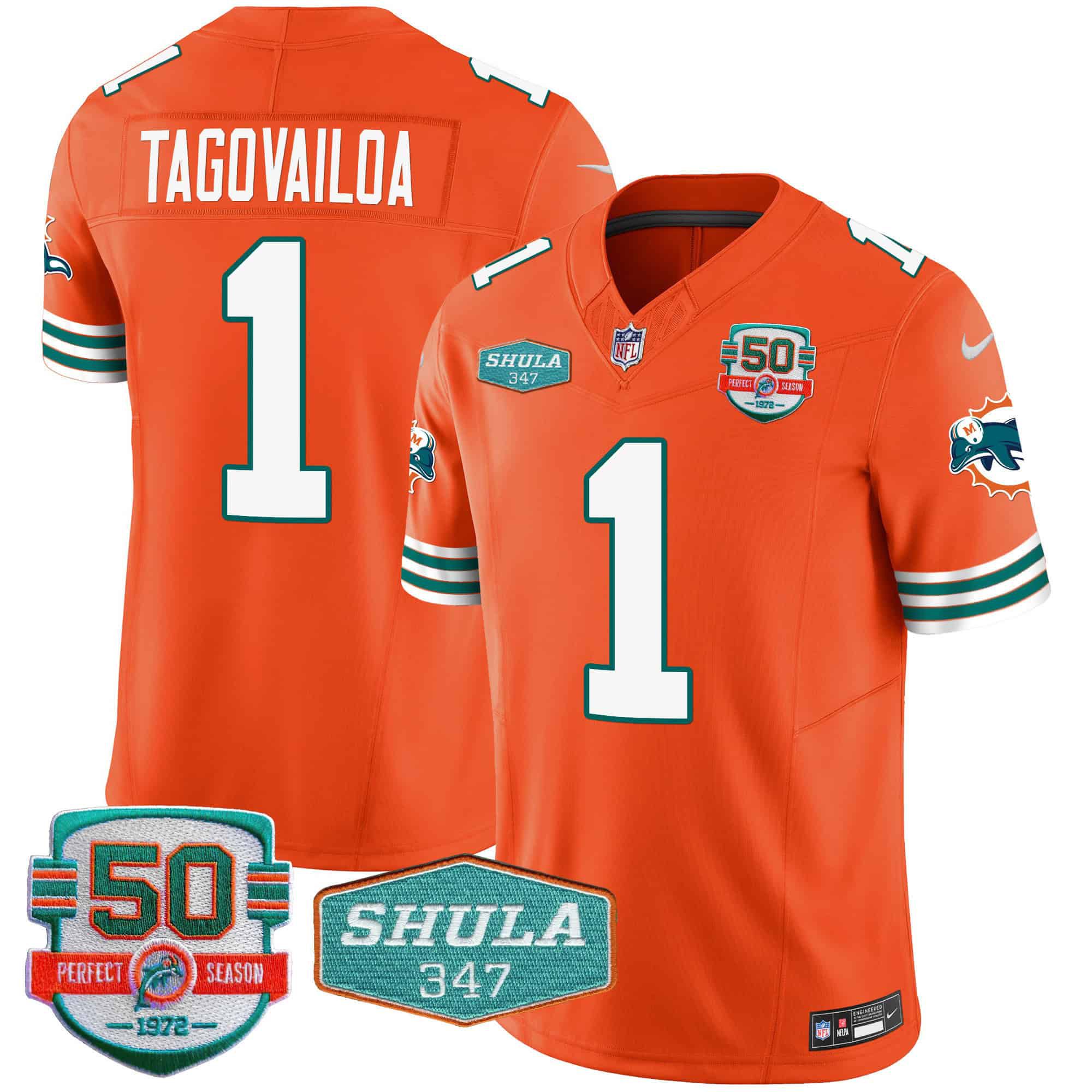 Men Miami Dolphins #1 Tagovailoa Orange 2024 Nike Throwback Shula 347 Patch Vapor NFL Jersey